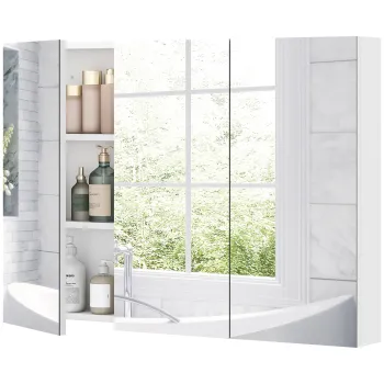 HOMCOM Dulap de baie cu oglinda, dulap de toaleta 3 usi oglinda, rafturi reglabile, 91,5x11,5x65cm, alb | Aosom Romania imagine