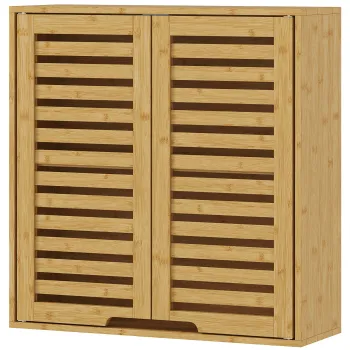 HOMCOM Dulap de Baie cu Raft Intern Reglabil si Usi Tip Lama, din Bambus, 60x20x60 cm, Culoare Lemn | Aosom Romania imagine