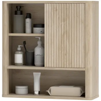 HOMCOM Dulap de baie montabil pe perete cu rafturi reglabile, usa glisanta si rafturi deschise, lemn natural | Aosom Romania imagine