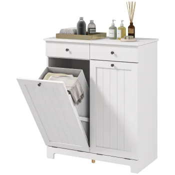 HOMCOM Dulap de Baie pentru Rufe cu 2 Usi Rabatabile si Cosuri pentru Rufe, 78x38x90 cm, Alb | Aosom Romania imagine