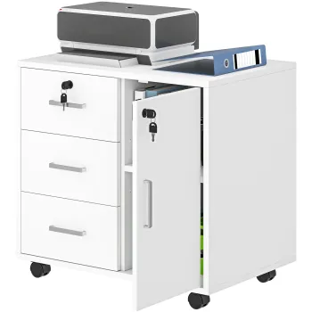 HOMCOM Dulap de Birou cu 3 Sertare si Dulapior cu 3 Rafturi Reglabile, Sertar pentru Documente, 60x40x56 cm, Alb | Aosom Romania imagine