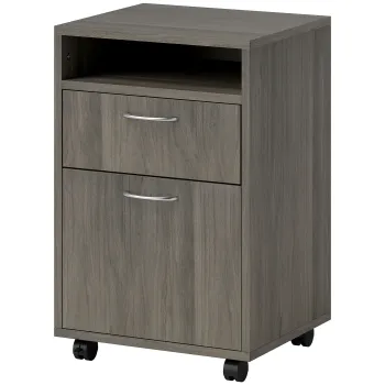 HOMCOM Dulap de Birou cu 4 Roti, Raft Deschis si 2 Sertare, Mobilier de Birou din Lemn si Metal, 40x35x60 cm, Maro | Aosom Romania imagine