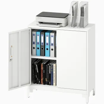 HOMCOM Dulap de birou din metal, usi cu inchidere, comoda de birou, design in 2 nivele, Alb | Aosom Romania imagine