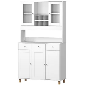 HOMCOM Dulap de bucatarie 180 cm, 2 usi din sticla, 3 sertare, 4 rafturi reglabile, dulap pentru sufragerie, Spanplatte, WeiSs | Aosom Romania imagine