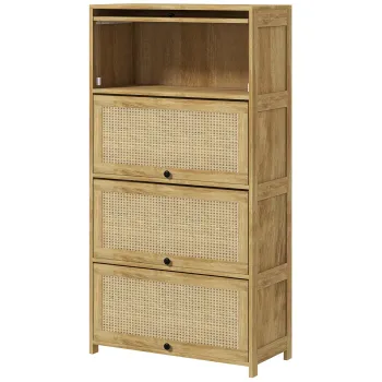 HOMCOM Dulap de Bucatarie Boho, Dulap de Depozitare de Bucatarie din Ratan cu 4 Usi Rabatabile, Natur imagine