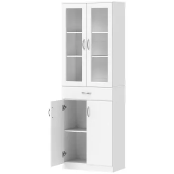 HOMCOM Dulap de bucatarie Bufet cu raft reglabil, sertar, 2 usi, dulap inalt cu usa din sticla, 60 x 35 x 180 cm, Alb | Aosom Romania imagine