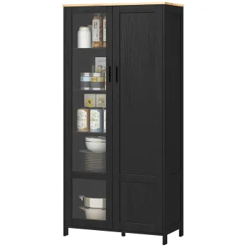 HOMCOM Dulap de Bucatarie cu 9 Rafturi Reglabile, cu Usi de Sticla si Baza Inaltata din Lemn, 76x36x160 cm, Negru | Aosom Romania imagine