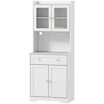 HOMCOM Dulap de bucatarie cu blat, suport pahare de vin, dulap de depozitare pentru bucatarie, sufragerie, 170 cm, MDF, sticla, Alb | Aosom Romania imagine