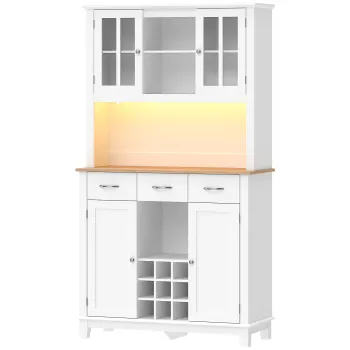 HOMCOM Dulap de bucatarie cu iluminare LED control prin APP blat pentru microunde suport pentru sticle usi din sticla Alb | Aosom Romania imagine