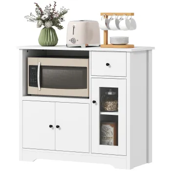 HOMCOM Dulap de bucatarie cu orificiu pentru cablu, comoda cu 2 dulapuri, compartiment deschis, sertar, 80 x 35 x 72,2 cm, placaj, Alb | Aosom Romania imagine