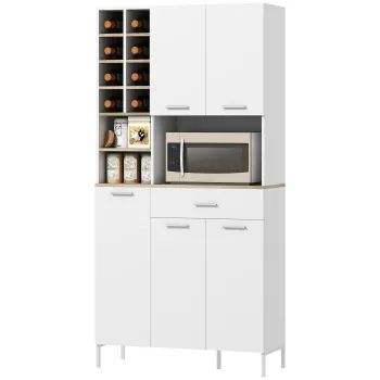 HOMCOM Dulap de bucatarie cu rafturi deschise, rafturi, raft pentru vin, dulap de provizii cu 5 usi, MDF, Alb | Aosom Romania imagine