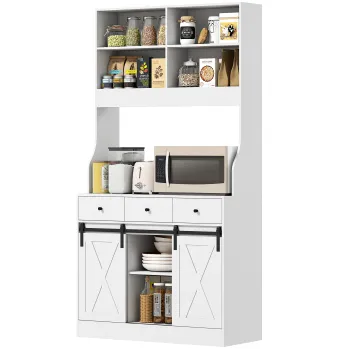 HOMCOM Dulap de bucatarie cu rafturi, dulapuri, sertare si suprafata de lucru, farmec fermecator de ferma, rafturi reglabile, lemn, Alb | Aosom Romania imagine