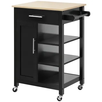 HOMCOM Dulap de Bucatarie cu Roti Dulap de Servire de Stil Contemporan - Usa, sertar, 3 rafturi - manere metal Blat Lemn de Hevea Negru | Aosom Romania imagine