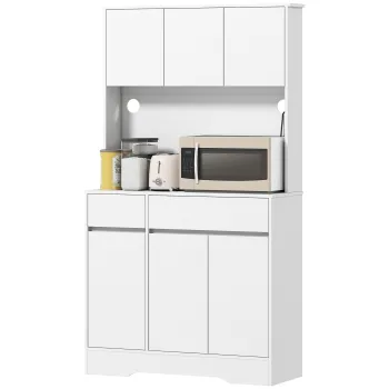 HOMCOM Dulap de bucatarie cu suprafata de lucru deschisa, 6 usi la dulap, 2 sertare, rafturi reglabile, gauri pentru cabluri, placa de furnir, Alb | Aosom Romania imagine