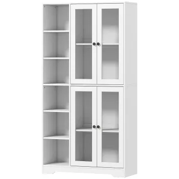 HOMCOM Dulap de bucatarie cu usi din sticla, rafturi, polite deschise, 172 cm inaltime, MDF, Alb | Aosom Romania imagine