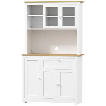 HOMCOM Dulap de bucatarie in stil country, 1 vitrina, 1 raft deschis, 1 sertar, 2 dulapuri, Natur + Alb | Aosom Romania imagine