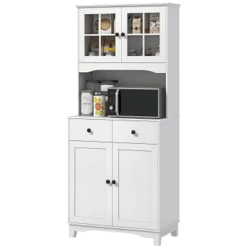 HOMCOM Dulap de bucatarie independent cu blat pentru cuptor cu microunde, cafetiera, dulapuri cu usi din sticla, Alb | Aosom Romania imagine