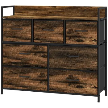 HOMCOM Dulap de Depozitare, Comoda cu 7 Sertare din Material Textil, Design Industrial, Structura din Otel, 98x29x85cm, Maro/Negru | Aosom Romania imagine