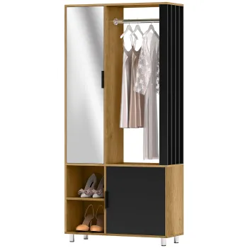 HOMCOM Dulap de haine cu oglinda si bara pentru atarnat, rafturi de depozitare, suprafete deschise, Lemn natural, Negru | Aosom Romania imagine
