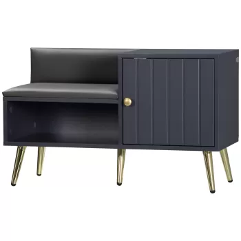 HOMCOM Dulap de pantofi de intrare cu scaun captusit, raft deschis si dulap, pentru 4 perechi de pantofi, lemn si metal, 80x33x49cm, gri | AOSOM RO imagine