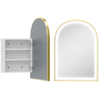 HOMCOM Dulap de perete pentru baie cu oglinda si iluminare LED, usa arcuita, anti-abur, 50x14,5x70cm, auriu | Aosom Romania imagine