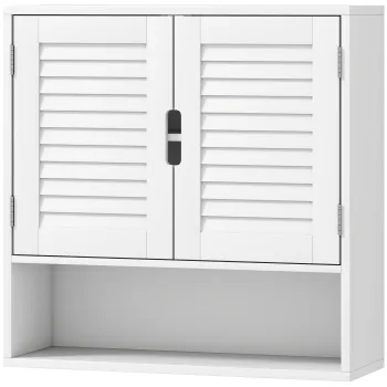 HOMCOM Dulap de perete pentru baie cu usa cu lamele, raft reglabil si compartiment deschis, 60x20x60cm, alb | Aosom Romania imagine