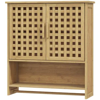 HOMCOM Dulap de perete pentru baie din bambus cu 2 usi ventilate, compartiment deschis si polita reglabila, lemn natural | Aosom Romania imagine