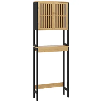 HOMCOM Dulap Deasupra Toaletei cu 2 Usi si Raft Deschis, Dulap de Baie cu Economie de Spatiu cu Usi cu Gratare, 60x21,5x172 cm, Lemn Natural imagine