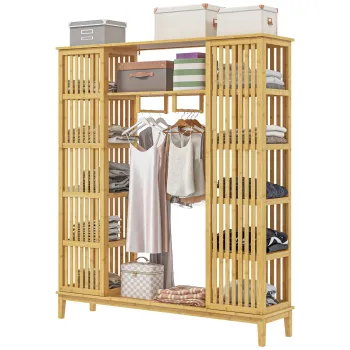 HOMCOM Dulap Deschis din Bambus cu 2 Usi Glisante, Garderoba cu Rafturi si Bara de Haine, 145x35x165 cm, Lemn Natural | Aosom Romania imagine