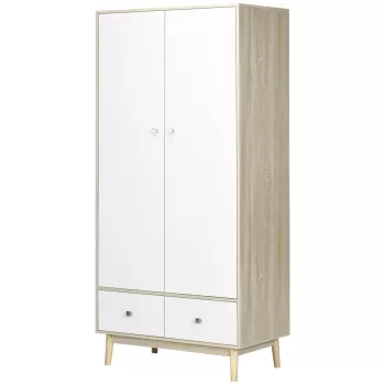 HOMCOM Dulap din lemn cu 2 usi cu 4 compartimente, 2 sertare si cuier, din lemn si alb, 90x50x190cm imagine