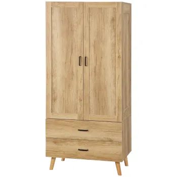 HOMCOM Dulap Dormitor 2 Usi cu 2 Sertare si Bara pentru Umerase 80x54x180 cm Lemn | Aosom Romania imagine