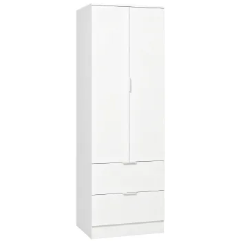 HOMCOM Dulap Dormitor cu 2 Sertare, 2 Usi cu Inchidere Silentioasa si Bara de Suspendare, 60 x 47 x 180 cm, Alb | Aosom Romania imagine