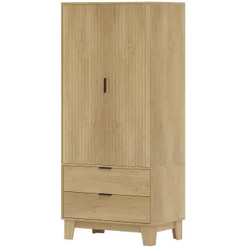 HOMCOM Dulap dormitor cu 2 usi cu inchidere silentioasa, 2 sertare si bara de agatare, 80x50x180cm, lemn natural | Aosom Romania imagine