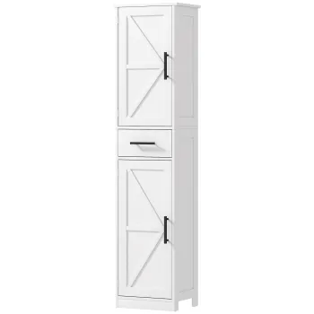 HOMCOM Dulap Inalt de Baie Ingust cu 2 Usi, 1 Sertar si 2 Rafturi Ajustabile de Stil Rustic 40x30x170 cm Alb | Aosom Romania imagine