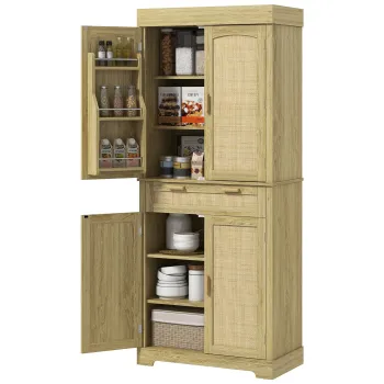 HOMCOM Dulap Inalt de Bucatarie in Stil Boho cu 2 Usi si un Sertar, Mobilier de Bucatarie, 76x40x183 cm, Stejar | Aosom Romania imagine