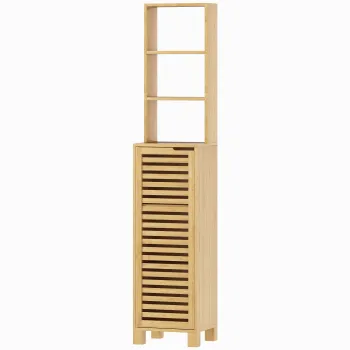 HOMCOM Dulap inalt pentru baie din bambus Coloana ingusta cu 3 polite deschise Usa cu lamele Rafturi reglabile 34x30x170 cm Natural | Aosom Romania imagine