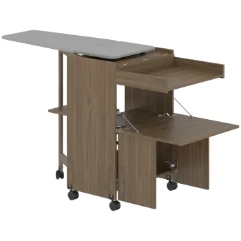 HOMCOM Dulap Masa de Calcat Pliabil cu Roti si Suport pentru Fier de Calcat, Dulap Multifunctional cu Rafturi, Compartiment Deschis, pentru Spalatorie, Baie, 154x55x87 cm, Maro | Aosom Romania imagine