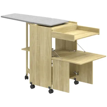 HOMCOM Dulap Masa de Calcat Rabatabila cu Roti si Suport pentru Fier de Calcat, Dulap Multifunctional cu Rafturi, Compartiment Deschis, pentru Spalatorie, Baie, 154x55x87 cm, Lemn Natural | Aosom Romania imagine