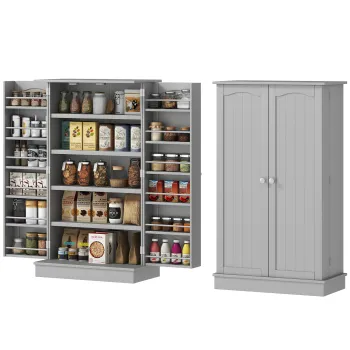 HOMCOM Dulap mobilier de bucatarie camara cu 2 usi cu 5 rafturi si 12 suporturi pentru condimente - 60 x 30 x 104 cm - gri | Aosom Romania imagine