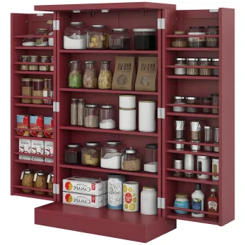 HOMCOM Dulap mobilier de bucatarie despensier 2 usi cu 5 rafturi si 12 recipiente pentru mirodenii - 60 x 30 x 104 cm - rosu | Aosom Romania imagine