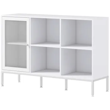 HOMCOM Dulap Modern de Depozitare cu Usa din Plasa, 4 Compartimente Deschise si Raft Reglabil, Dulap de Bucatarie sau Sufragerie, 120x37x81.5 cm, Alb imagine