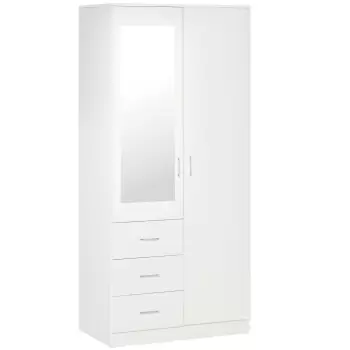 HOMCOM Dulap modern garderoba 2 usi cu oglinda si 3 sertare albe, rafturi reglabile si bara pentru umerase, 80x50x180cm, alb imagine