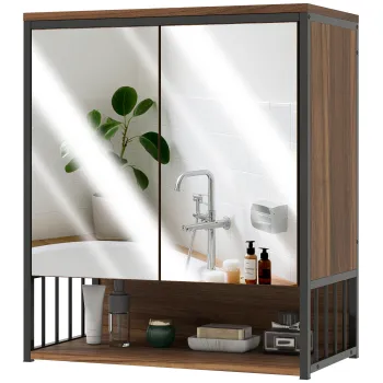 HOMCOM Dulap murale baie cu oglinda, dulap baie cu compartiment deschis usa cu inchidere amortizata maro | Aosom Romania imagine