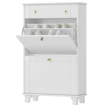 HOMCOM Dulap Pantofi de intrare ingust cu sertare cu usi basculante si raft ajustabil, 60 x 23,5 x 98,5 cm, alb | Aosom Romania imagine