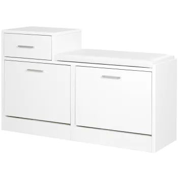 Homcom Dulap Pantofi Robust Design Moderno 6 Perechi de Pantofi Scaun cu Perna pentru Hol in Lemn Granulat 94,5 x 57 x 30 cm Bianco imagine