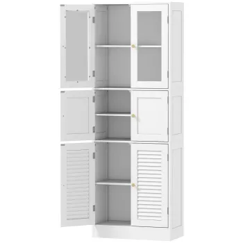 HOMCOM Dulap pentru baie cu 3 compartimente si 2 usi din sticla si lemn, rafturi reglabile, 60x30x170 cm, alb | Aosom Romania imagine