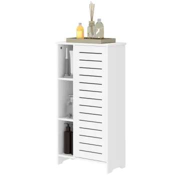 HOMCOM Dulap pentru Baie cu Usa Lamelara, Dulap cu 3 Niveluri si 3 Rafturi Deschise, 48x24x96,5 cm, Alb | Aosom Romania imagine