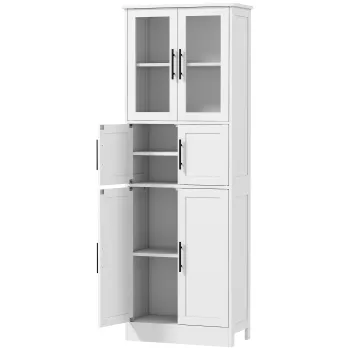 HOMCOM Dulap pentru baie, unitate depozitare 6 nivele, 6 usi dintre care 2 vitrate, rafturi reglabile, 60x30x170cm, alb | Aosom Romania imagine