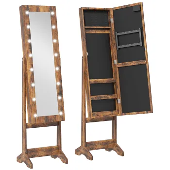 HOMCOM Dulap pentru Bijuterii cu Oglinda Reglabila si Lumini LED 36x30x136 cm Maro Rustic | Aosom Romania imagine