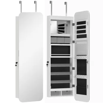 HOMCOM Dulap pentru Bijuterii Montabil pe Perete cu Oglinda Interna si LED-uri, Inaltime 120 cm, Economisire Spatiu, Sertare, Incuietoare si Cheie, Polita Rabatabila, Alb si Negru | Aosom Romania imagine